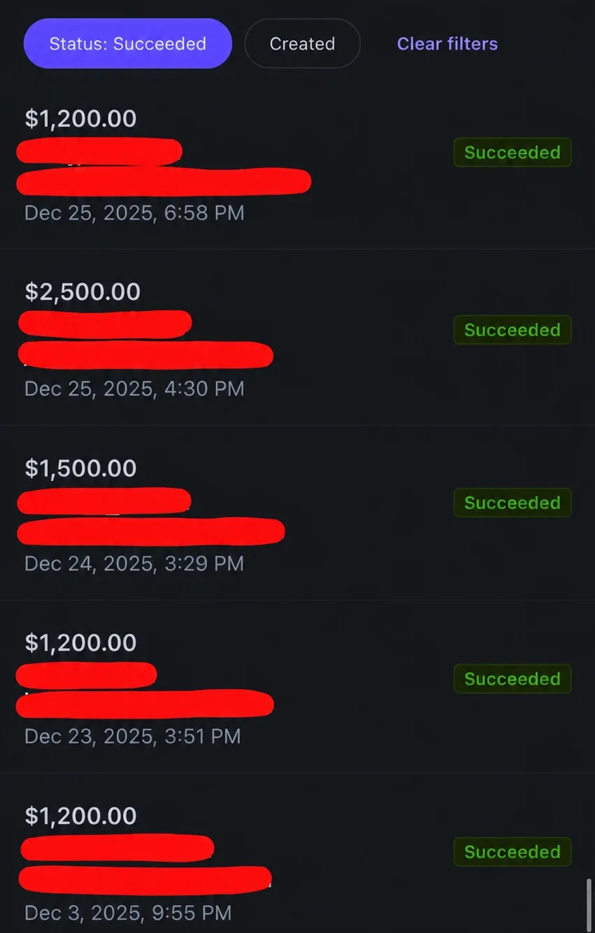 List of successful client payments between $1,200 and $2,500 in December